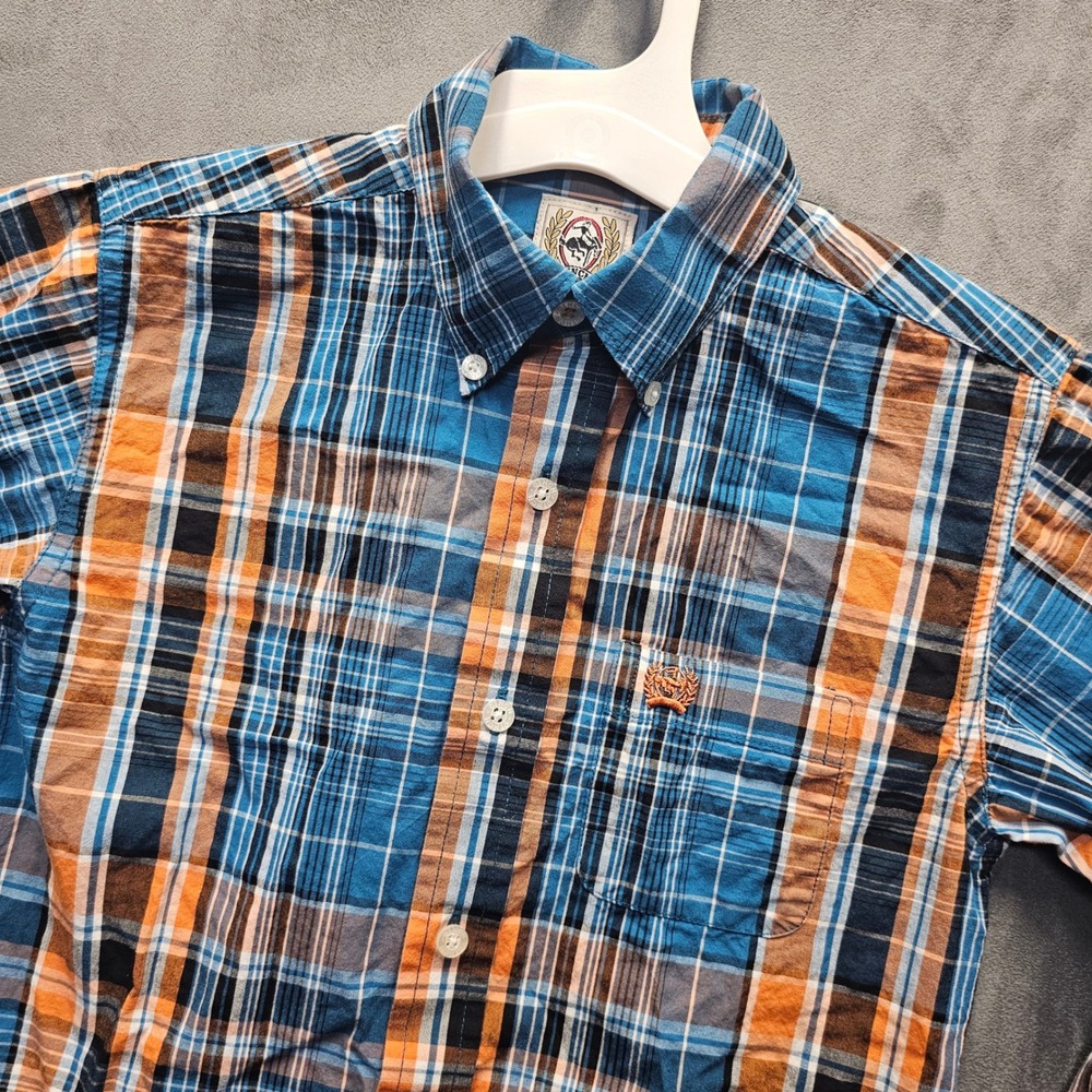 CINCH Boys Blue Orange Plaid Long Sleeve Western Button-Down Shirt Size S 6/8